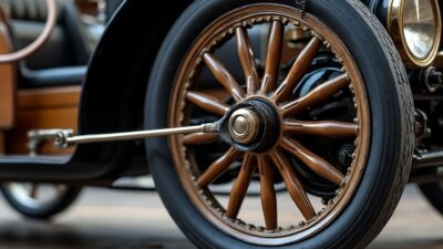 Gros plan des roues d'un véhicule électrique historique montrant la qualité de fabrication.