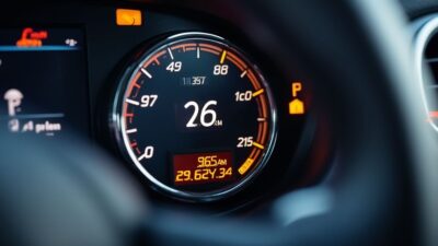Gros plan sur l'indicateur de pression d'huile d'une Renault Mégane avec alertes de maintenance pour le conducteur.