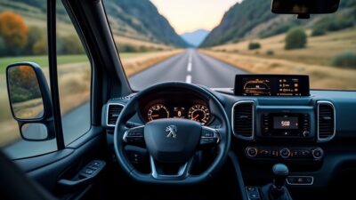 Intérieur du Peugeot Boxer avec tableau de bord détaillé et indicateurs illuminés.