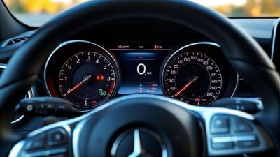 Intérieur de la Mercedes Classe A avec tableau de bord et signaux d'alerte visibles