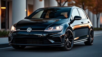 Voiture Volkswagen Golf vue de côté avec moteur actif et tableau de bord allumé
