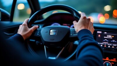 Mains sur le volant de Seat Ibiza avec signaux d'alerte en fond