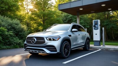 Photo de la Mercedes GLA électrique en train de se recharger à une station publique entourée de verdure en France.