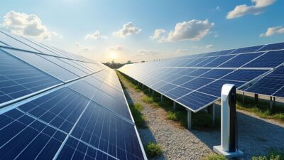 Un centre énergétique utilisant des panneaux solaires et des points de recharge pour un avenir durable.