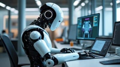 Espace de travail moderne avec un robot humanoïde augmentant l'efficacité et la productivité.
