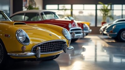 Photo de voitures classiques exposées, montrant leur design et couleurs distinctifs dans un showroom ensoleillé.
