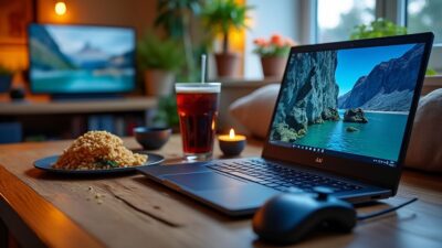 Espace de jeu chaleureux avec un ordinateur portable et des snacks pour une expérience de jeu en ligne conviviale