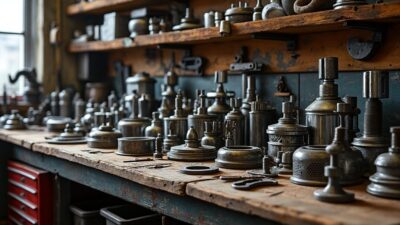 Assemblage de pièces Studebaker anciennes avec outils dispersés sur banc d'atelier.