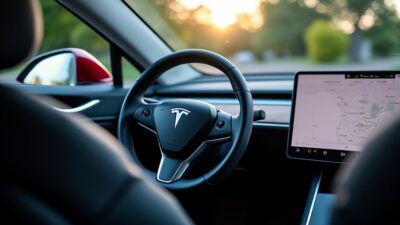 Vue intérieure du volant et du panneau de contrôle d'une Tesla âgée de quatre ans.