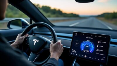 Vue rapprochée d'un tableau de bord Tesla montrant le logiciel FSD actif durant un trajet