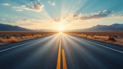 Une route menant vers l'horizon sous un ciel dégagé, illustrant un nouveau départ et de nouvelles perspectives.
