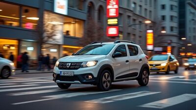 Voiture électrique Dacia Spring sur rue animée avec trafic urbain et piétons