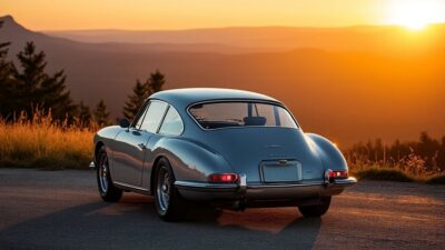 Voiture Rallye au coucher de soleil sur un site pittoresque