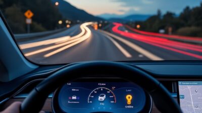 Tableau de bord Tesla avec voyants d'alerte sur autoroute