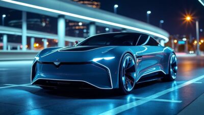 Voiture électrique innovante illuminée par des lumières de la ville, soulignant son design avant-gardiste.