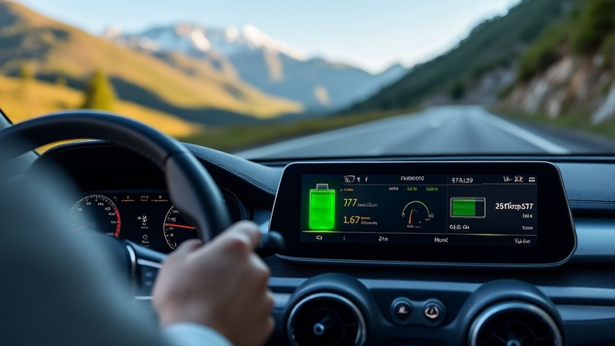 Tableau de bord d'une Renault affichant les niveaux de batterie en conduisant sur des routes de montagne sinueuses.