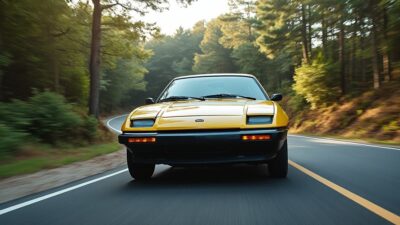 Image d'une AMC Pacer sur une route sinueuse, contre-plongée, accentuant son dessin iconique.