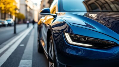 Vue rapprochée d'une voiture électrique élégante dans les rues de Paris.