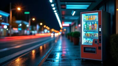 Scène de nuit d'un distributeur automatique avec des reflets lumineux urbains créant une ambiance attrayante