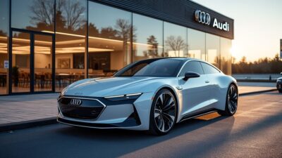 Voiture électrique moderne devant une concession Audi en Europe