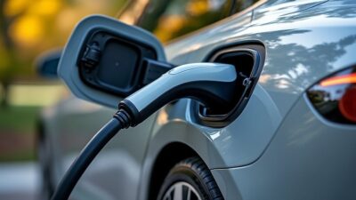 Photo d'un port de charge connecté à une voiture électrique, illustrant l'innovation durable.
