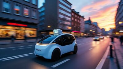 Robotaxi Waymo traversant les rues d'une ville allemande au crépuscule