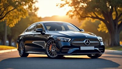 Voiture électrique Mercedes C-Class vue de l'extérieur avec le design mis en valeur par les rayons du soleil.
