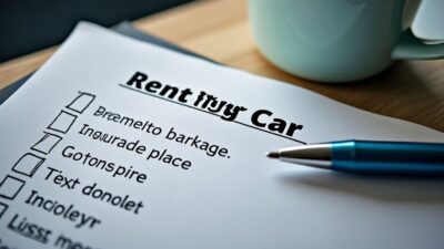 Checklist organisée pour louer une voiture, soulignant l'importance de l'assurance et du type de véhicule.