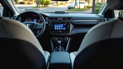 Photo intérieure de la Dacia Spring avec tableau de bord moderne et sièges confortables