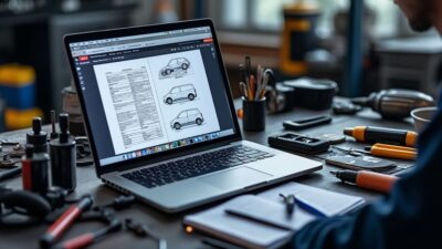 Manuel PDF affiché sur un ordinateur portable avec divers outils et articles pour la maintenance de la Citroën C.