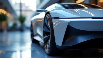 Gros plan d'un prototype de véhicule électrique élégant mettant en avant des innovations technologiques.