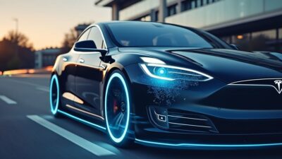 Véhicule Tesla mettant en évidence les capteurs pour une meilleure sécurité sur les routes européennes.
