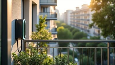 Image d'un balcon d'appartement équipé d'une station de recharge, encadré par la verdure citadine.