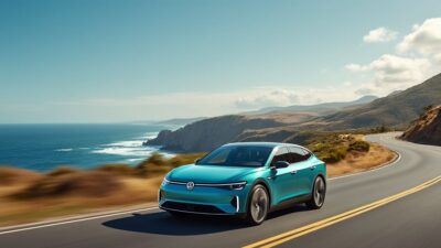 Voiture électrique Volkswagen roulant le long d'une route côtière pittoresque pour un voyage éco-responsable.