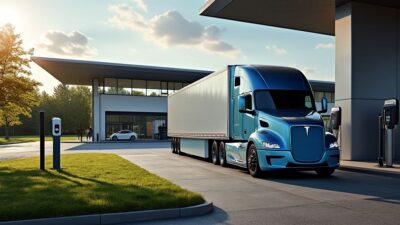 Photo d'un Tesla Semi en train de recharger à une station européenne, avec un environnement vert et des infrastructures modernes.