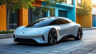 Automobile électrique moderne avec design sophistiqué dans une ville animée