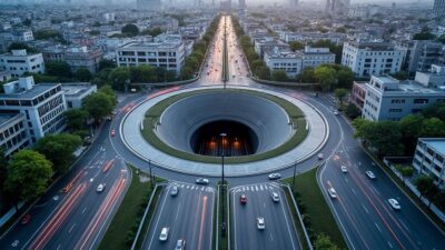 Vue aérienne sur les rues urbaines et tunnels cachés illustrant une nouvelle ère de mobilité