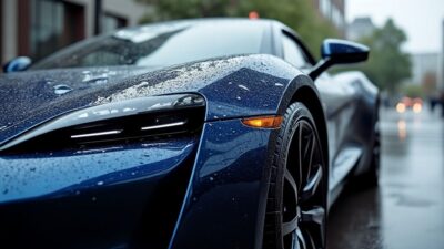 Image rapprochée de la Tesla Roadster étincelant sous la pluie, soulignant son design contemporain et ses lignes.