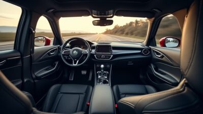 Image de l'intérieur d'une Alfa Romeo avec des sièges confortables et un tableau de bord moderne.