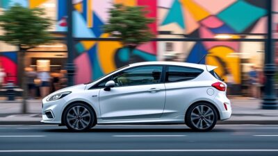 Vue de côté de la Ford Fiesta blanche marquant sa compacité avec une ville animée en arrière-plan.