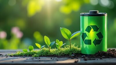 Image montrant un futur durable avec des batteries recyclées et une nature éclatante.