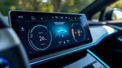 Vue rapprochée du tableau de bord d'une voiture électrique avec métriques de performance et design raffiné