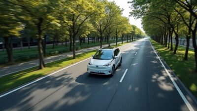 Image d'une voiture électrique chinoise se déplaçant dans une ville avec des arbres en bordure de route