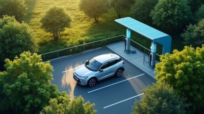 Vue aérienne d'une station de recharge Geely TT entourée de nature, symbole d'innovation écologique.