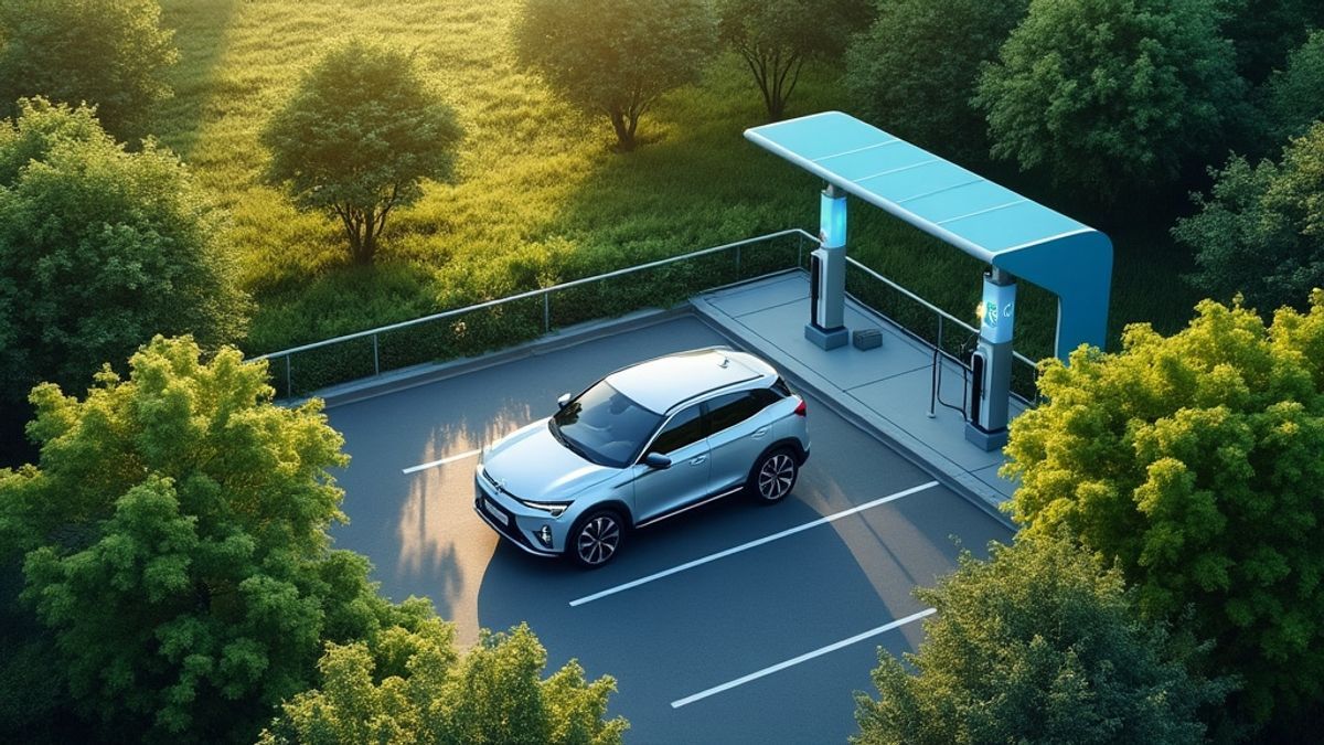 Vue aérienne d'une station de recharge Geely TT entourée de nature, symbole d'innovation écologique.