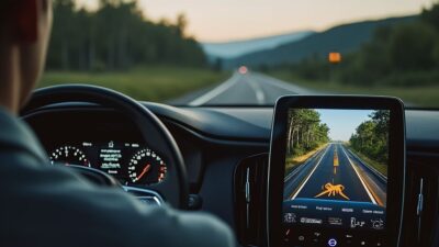 Image de voiture Volvo avec écran digital signalant des passages d'animaux possibles à l'avance.