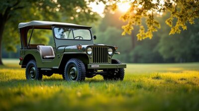 Prise de vue grand-angle d'une Jeep Willys MB restaurée dans un champ vert, rappelant le passé.