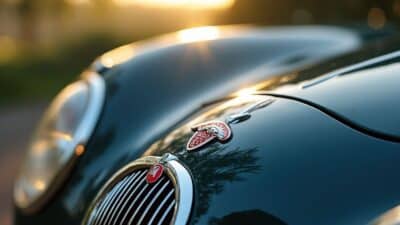 Éclat de l'emblème Jaguar vintage sous le soleil, révélant une élégance classique