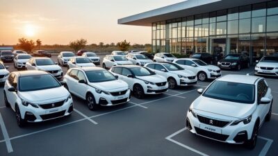 Vue aérienne de plusieurs voitures Peugeot blanches en stock chez un concessionnaire.
