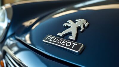 Détail de l'emblème Peugeot sur une voiture ancienne, illustrant son allure rétro.